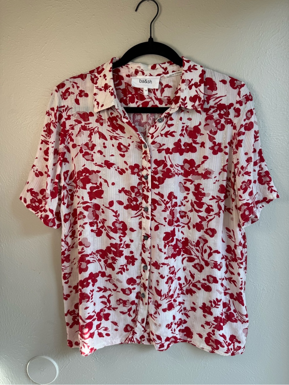 ba&sh White Short-Sleeve Button-Down Shirt with Red Floral Print
